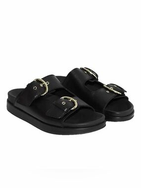 Cos black Leather double buckled Sliders Flat Sandals US 11 EURO 42